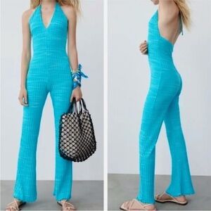 ZARA Ribbed Halter Jumpsuit in Turquoise Blue, Size Medium